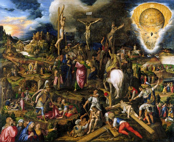 Deskový obraz Ukřižování Krista s pašijovými scénami patří mezi nejznámější Campiho práce