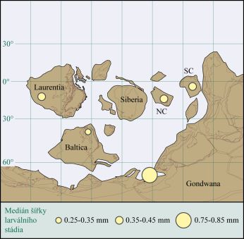 Paleogeografická mapa světa v kambriu ukazuje velikost larválních stádií trilobitů v jednotlivých oblastech