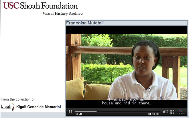 A screenshot of Visual History Archive’s user interface with the testimony of Francoise Muteteli, who survived the genocide of Tutsi in Rwanda in 1994.