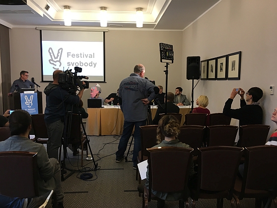 Keep on rockin' in the free world. The free press - not fake news - at a press conference for this year's Festival of Freedom in Prague.