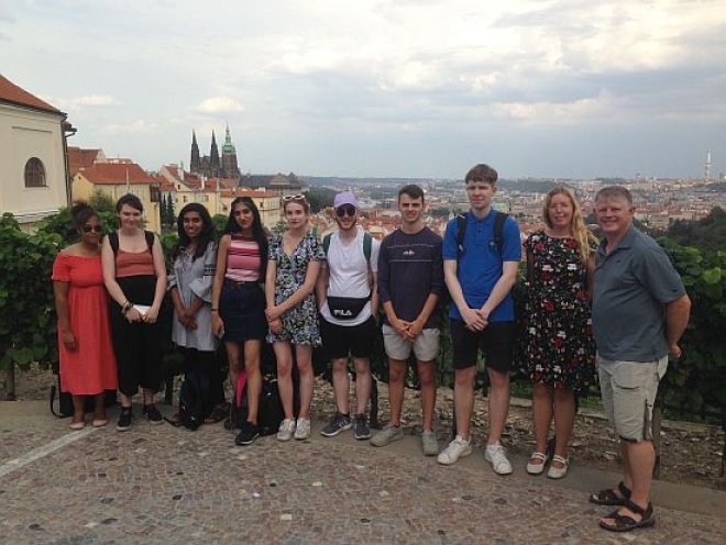A group of exchange students in Prague in 2018. Charles University's Dr. Ivana Herglová (second from right).