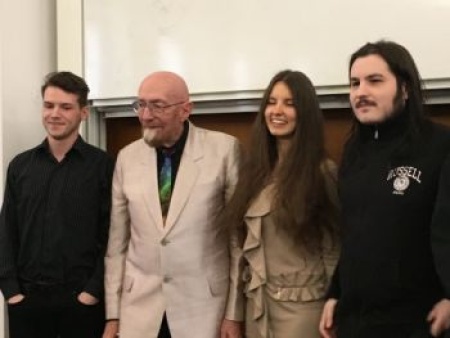 Kip Thorne posing with students at Charles University on May 15, 2019. JV personal archive.