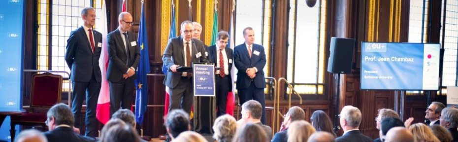The rectors of the 4EU+ Alliance at the annual meeting ( Henrik C. Wegener second from left, Charles University's Tomáš Zima last on the right).
