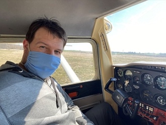 Tomáš Cáp in the cockpit of a Cessna 150 OK-OKH. In the military, Cáp was an air traffic controller within the NATO Integrated Air and Missile Defence System (NATINAMDS).
