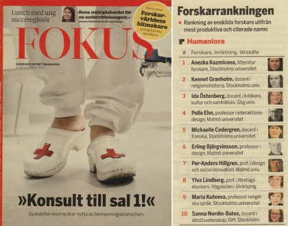 In 2019 the Swedish magazine Fokus published a list of the top researchers in Sweden in which Anežka Kuzmičová came first  among researchers in the humanities; “her” Stockholm University was the most successful overall, while Malmö was the most effective.